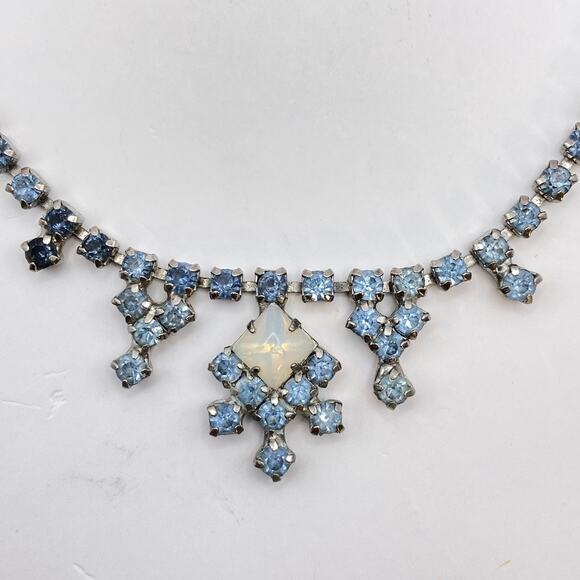 Vintage Art Deco Style Blue Prong Set Crystal Glass Necklace 16" - Picture 5 of 11